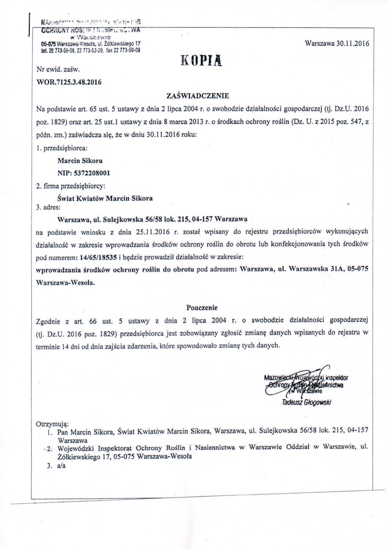 Skan - Oryginalne zaświadczenie WIORiN