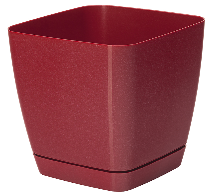 Doniczka kwadratowa + podstawka Toscana - 17 cm - czerwona metaliczna