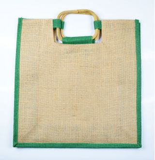 Ekologiczna torba z juty z uszami z bambusa - z zieloną lamówką